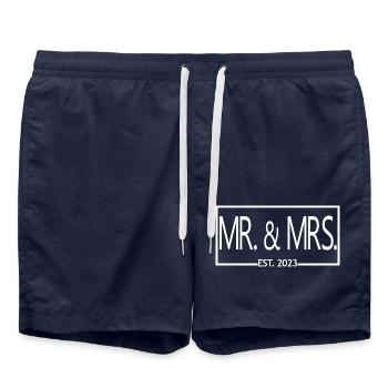 Mr. & Mrs. Est. 2023 - Cadeau de mariage hommes et femmes - Short de bain - bleu marine - Devant - AI Model Male 185 light (185cm)