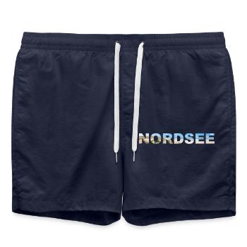Nordsee Panorama Schriftzug - Badeshorts - French Navy - Vorne - AI Model Male 185 light (185cm)