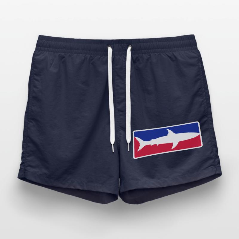 red blue sport shark button frame shield black sc Swim Trunks