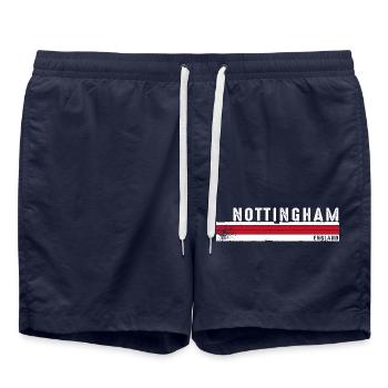 Nottingham, England, Retro-Design - Badeshorts - French Navy - Vorne - AI Model Male 185 light (185cm)