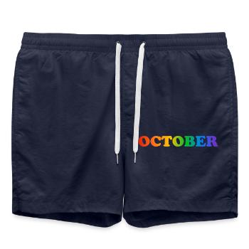 October rainbow text - Swim Trunks - french navy - Front - AI Model Male 185 light (185cm)