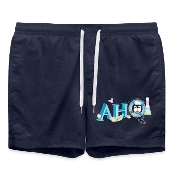 Seemannsgruß Schriftzug Ahoi mit Pinguin Seemann - Badeshorts - French Navy - Vorne - AI Model Male 185 light (185cm)