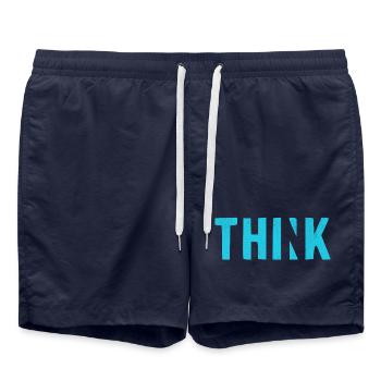 THINK Blue | Cooles Streetwear-Typo-Design - Badeshorts - French Navy - Vorne - AI Model Male 185 light (185cm)