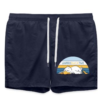 Ente_ProduktivUnproducktive Ente Wortspiel Faul  - Badeshorts - French Navy - Vorne - AI Model Male 185 light (185cm)