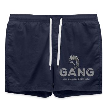 Wolfgang. Strong wolf motifs with lettering - Swim Trunks - french navy - Front - AI Model Male 185 light (185cm)
