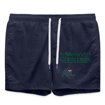 Meowy Christmas - Adorable Cat in Santa Hat - Swim Trunks - french navy - Front - AI Model Male 185 light (185cm)