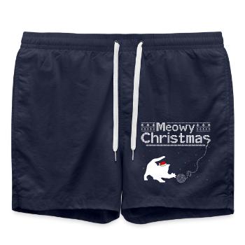 Meowy Christmas - Adorable Cat in Santa Hat - Swim Trunks - french navy - Front - AI Model Male 185 light (185cm)