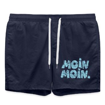 Moin Moin. (Vintage Hellblau) Guten Morgen - Badeshorts - French Navy - Vorne - AI Model Male 185 light (185cm)