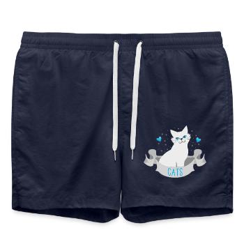 Chats blancs sur une bannière au cœur bleu - Short de bain - bleu marine - Devant - AI Model Male 185 light (185cm)