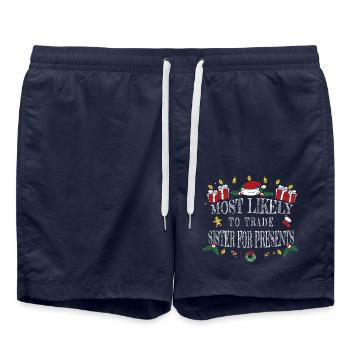 Most Likely to Trade Sister for Presents - Swim Trunks - french navy - Front - AI Model Male 185 light (185cm)