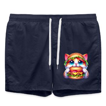 Drôle Chat Burger Hat Fantaisiste Mignon Restauration rapide - Short de bain - bleu marine - Devant - AI Model Male 185 light (185cm)
