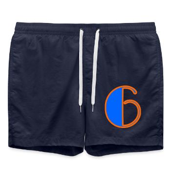 6. 6 JAHRE. 6-jähriges Jubiläum. GEBURTSTAG 6 JAHRE. SECHS - Badeshorts - French Navy - Vorne - AI Model Male 185 light (185cm)