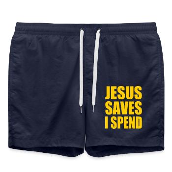 jesus saves i spend - Badeshorts - French Navy - Vorne - AI Model Male 185 light (185cm)