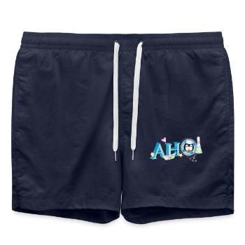 Sailor's greeting lettering Ahoi with penguin sailor - Swim Trunks - french navy - Front - AI Model Male 185 light (185cm)