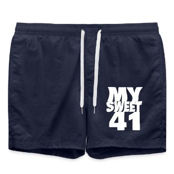 Geburtstag 41 - Badeshorts - French Navy - Vorne - AI Model Male 185 light (185cm)