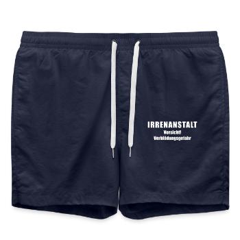 Irrenanstalt Vorsicht! Verblödungsgefahr - Badeshorts - French Navy - Vorne - AI Model Male 185 light (185cm)