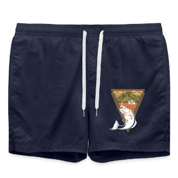 angling father uncle with fish float at sea - Swim Trunks - french navy - Front - AI Model Male 185 light (185cm)