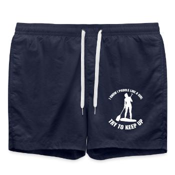 Stand Up Paddling Funny Girl Saying Surfing - Swim Trunks - french navy - Front - AI Model Male 185 light (185cm)