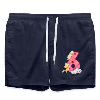Chaton du 6ème anniversaire | Chemise d’anniversaire de chat | - Short de bain - bleu marine - Devant - AI Model Male 185 light (185cm)