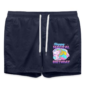 Joyeux 8ème anniversaire Licorne Poney - Short de bain - bleu marine - Devant - AI Model Male 185 light (185cm)