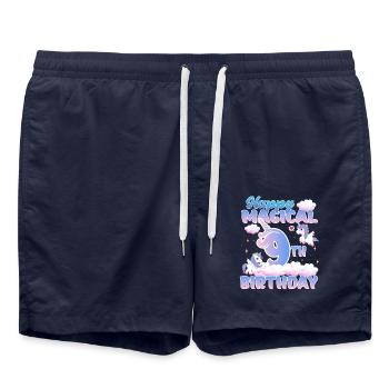 Joyeux 9ème anniversaire magique Licorne Poney - Short de bain - bleu marine - Devant - AI Model Male 185 light (185cm)
