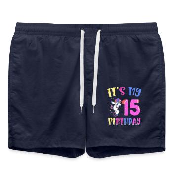It's My 15th Birthday Dabbing Unicorn Pony - Swim Trunks - french navy - Front - AI Model Male 185 light (185cm)