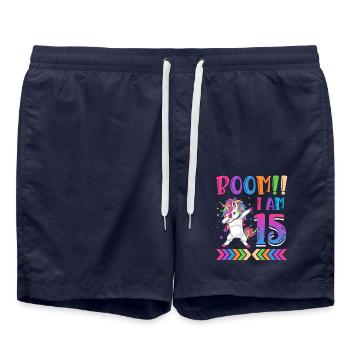 Boom!! Ich Bin 15, Buntes Lustiges Einhorn 15. - Short de bain - bleu marine - Devant - AI Model Male 185 light (185cm)