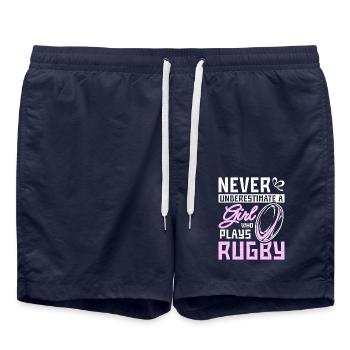 Never underestimate a girl who plays rugby - Swim Trunks - french navy - Front - AI Model Male 185 light (185cm)