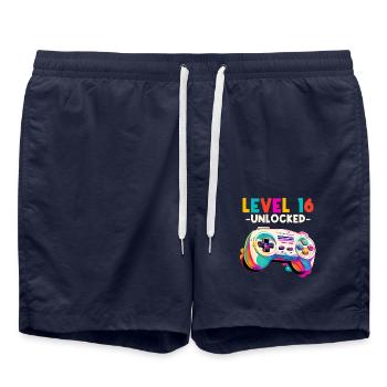 Level 16 Jahre Gaming 16er 16 Geburtstag - Badeshorts - French Navy - Vorne - AI Model Male 185 light (185cm)