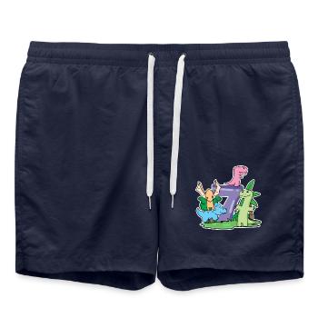 7 Jahre alt - 7. Geburtstag mit Tier Motiv - Dino - Badeshorts - French Navy - Vorne - AI Model Male 185 light (185cm)