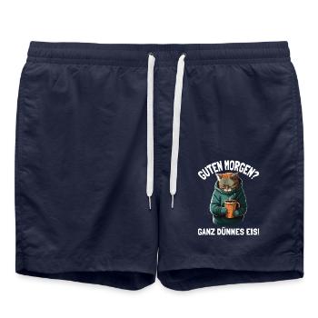 Guten Morgen Ganz Dünnes Eis Müde Katze Kaffee - Badeshorts - French Navy - Vorne - AI Model Male 185 light (185cm)