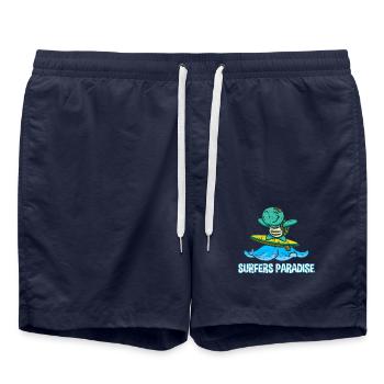Cute kawaii turtle on surfboard with surfers - Swim Trunks - french navy - Front - AI Model Male 185 light (185cm)