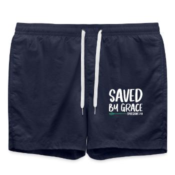 Sauvé par la grâce Bible Verset Chrétien - Short de bain - bleu marine - Devant - AI Model Male 185 light (185cm)