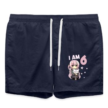 6 Year Old Girl Anime Kawaii Cat 6th Birthday - Swim Trunks - french navy - Front - AI Model Male 185 light (185cm)