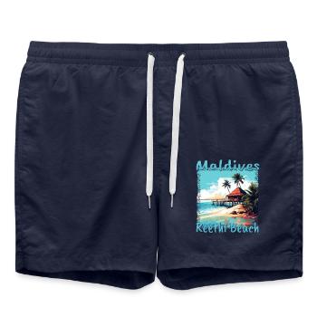 Maldivian Escape: Reethi Beach with Grunge Effect - Swim Trunks - french navy - Front - AI Model Male 185 light (185cm)