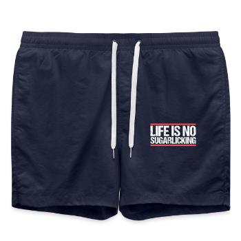 Life is no sugarlicking. Denglisch - Badeshorts - French Navy - Vorne - AI Model Male 185 light (185cm)