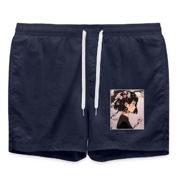 Vintage Japanese Aesthetic Otaku Anime Girl - Swim Trunks - french navy - Front - AI Model Male 185 light (185cm)