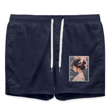 Vintage Japanese Aesthetic Otaku Anime Girl - Swim Trunks - french navy - Front - AI Model Male 185 light (185cm)