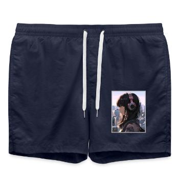 Vintage Japanese Aesthetic Otaku Anime Girl - Swim Trunks - french navy - Front - AI Model Male 185 light (185cm)