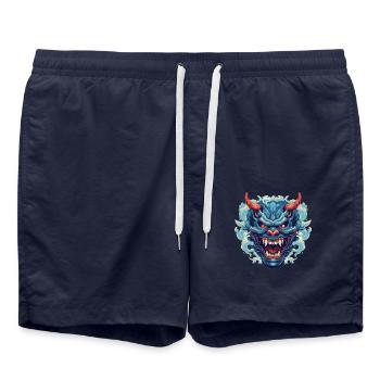 Japonais Hannya Démon Samouraï Guerrier Oni Masque - Short de bain - bleu marine - Devant - AI Model Male 185 light (185cm)