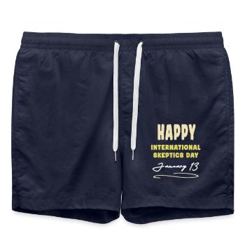 International Day of Skeptics - Swim Trunks - french navy - Front - AI Model Male 185 light (185cm)