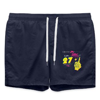 I'm Not 28, I'm 27 + Middle Finger - Vintage Born - Swim Trunks - french navy - Front - AI Model Male 185 light (185cm)