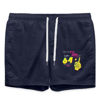 Not 65, Just 64 + Flip Off – Retro Style 1960 - Swim Trunks - french navy - Front - AI Model Male 185 light (185cm)