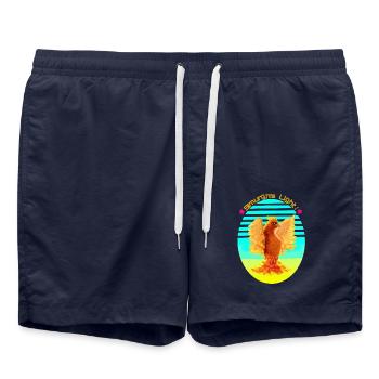 Un cyber-oiseau orange brillant d’une lumière citronnée - Short de bain - bleu marine - Devant - AI Model Male 185 light (185cm)