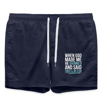 Als Gott mich gemacht hat, hat er gegrinst! - Badeshorts - French Navy - Vorne - AI Model Male 185 light (185cm)