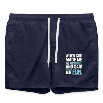 Als Gott mich gemacht hat, hat er gegrinst! - Badeshorts - French Navy - Vorne - AI Model Male 185 light (185cm)