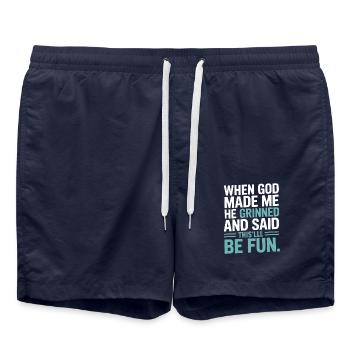 Als Gott mich gemacht hat, hat er gegrinst! - Badeshorts - French Navy - Vorne - AI Model Male 185 light (185cm)