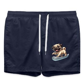 Lustiger Mops auf dem Snowboard im Winterurlaub - Badeshorts - French Navy - Vorne - AI Model Male 185 light (185cm)