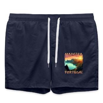 Coucher de soleil sur Madère, Portugal en Grunge-S - Short de bain - bleu marine - Devant - AI Model Male 185 light (185cm)