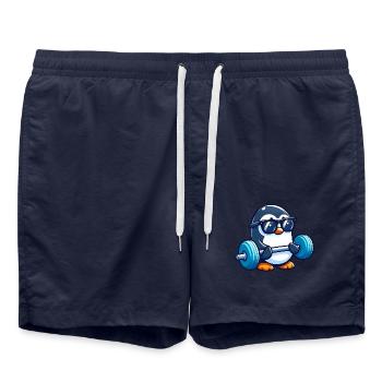 Cute Penguin Barbell Fitness Cartoon - Swim Trunks - french navy - Front - AI Model Male 185 light (185cm)